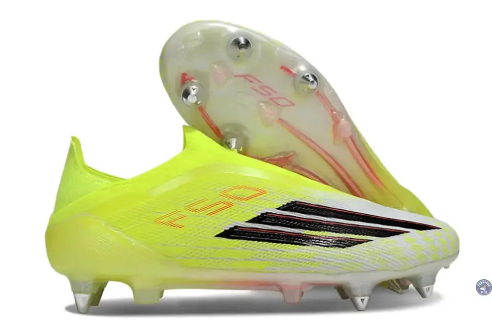 Image of Chaussure de football F50 Lace-less Elite SG jaune fluo bandes noires et semelle translucide rouge lucide
