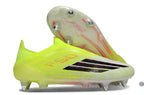 Chaussure de football F50 Lace-less Elite SG jaune fluo bandes noires et semelle translucide rouge lucide