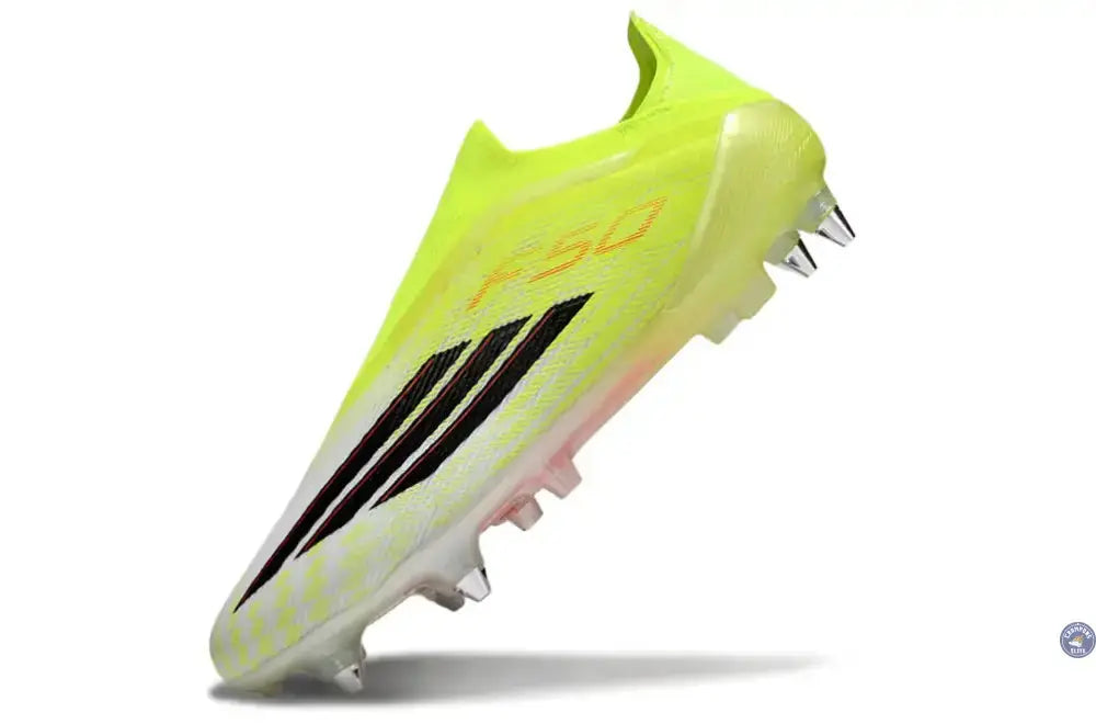 Chaussures de football F50 LACELESS ELITE SG jaune/noir/lucid red, Born for Goals, pointes SG