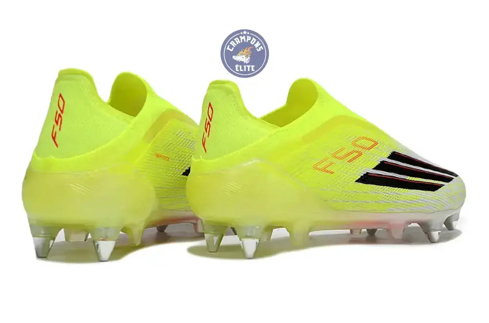 Chaussures de football sans lacets F50 LACELESS SG Born for Goals jaune fluo, noir et rouge lucide, crampons SG.
