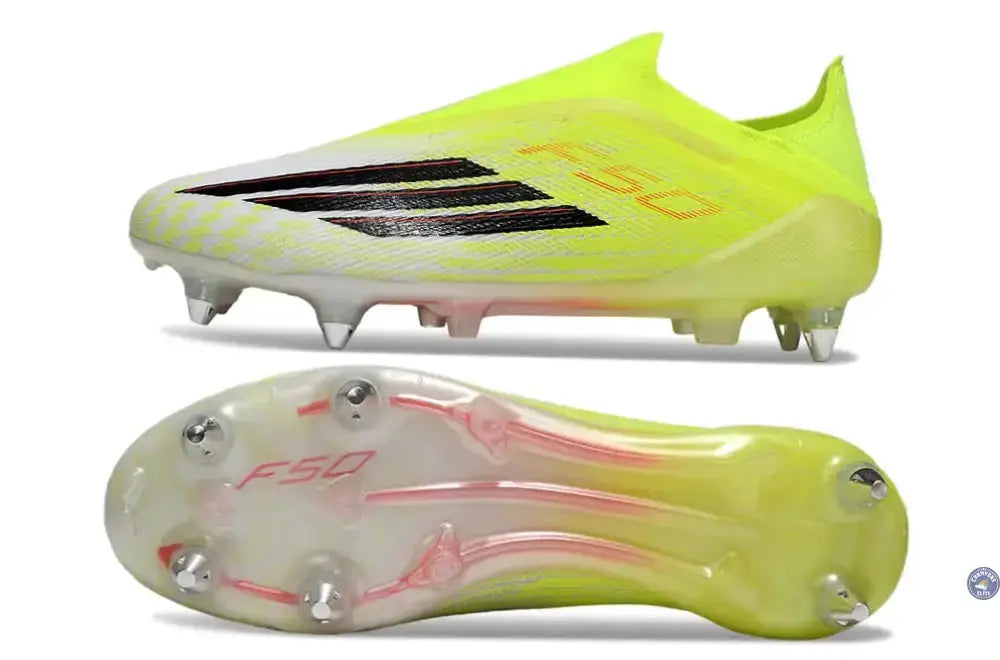 Chaussure de football F50 LACELESS ELITE SG Born for Goals SG jaune/noir/rouge translucide, semelle à crampons