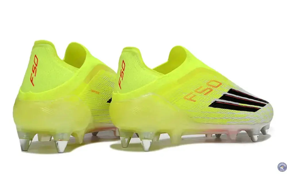 Image of Chaussures de football sans lacets F50 LACELESS SG Born for Goals jaune fluo, noir et rouge lucide, crampons SG.