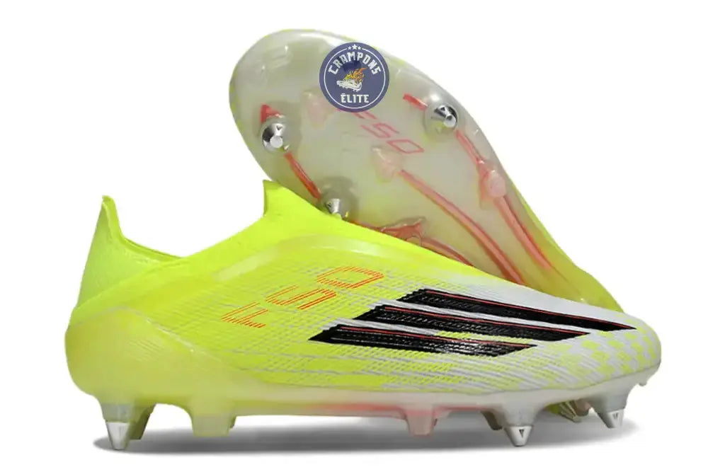 Image of Chaussure de football F50 Lace-less Elite SG jaune fluo bandes noires et semelle translucide rouge lucide