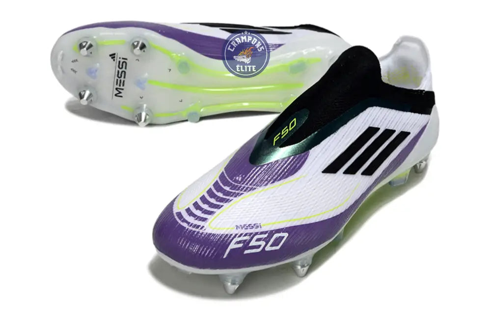 Image of F50 Elite Laceless SG - Blanc/Noir/Violet/Jaune Fluo