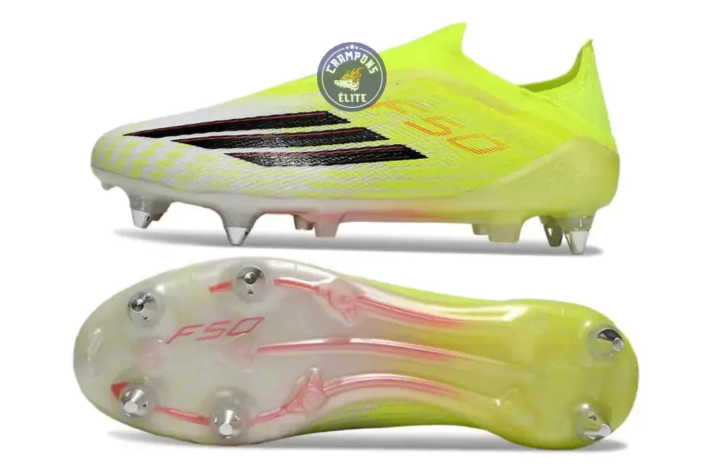 Chaussure de football F50 LACELESS ELITE SG Born for Goals SG jaune/noir/rouge translucide, semelle à crampons